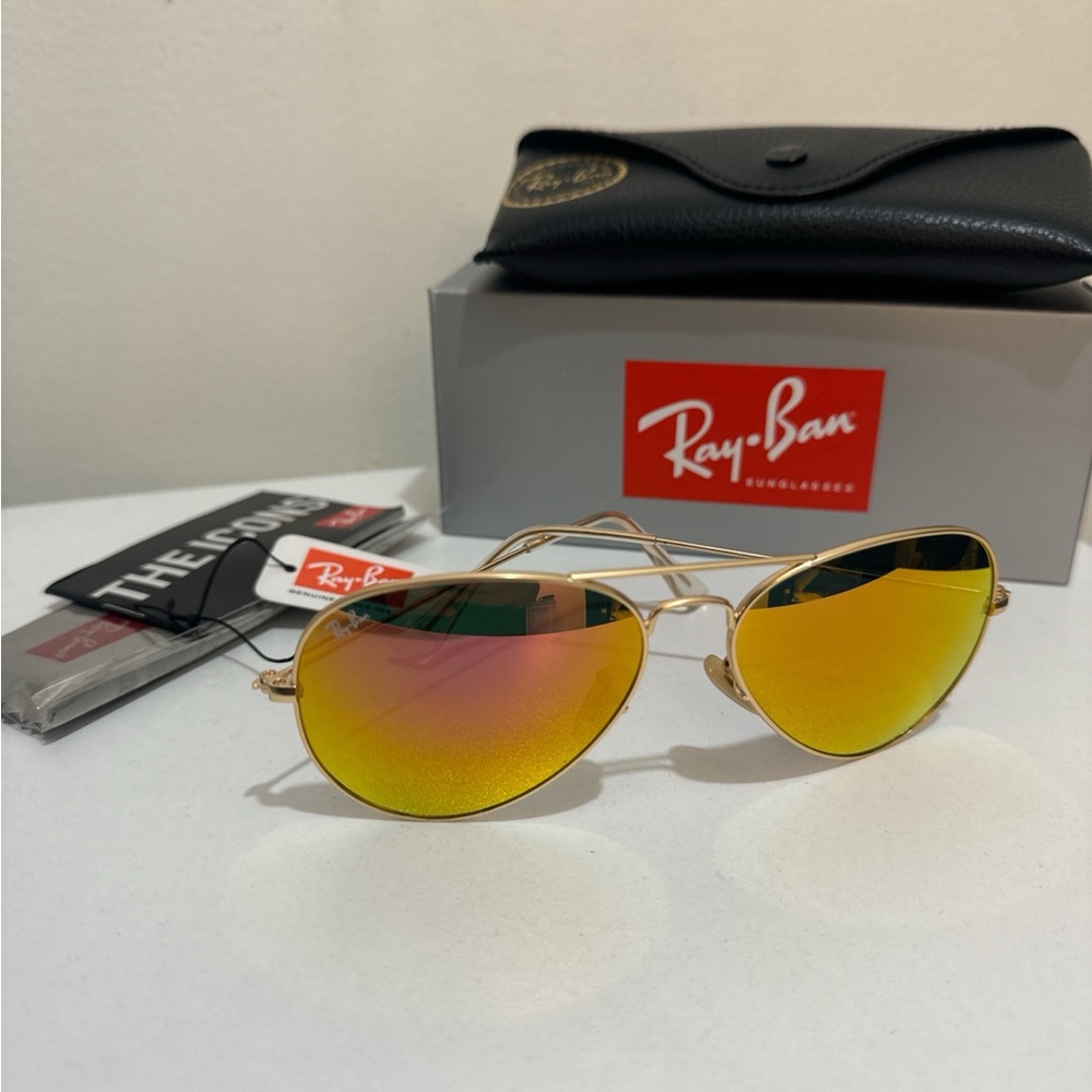 Ray-Ban Gold Frame Aviator Sunglasses with Yellow-Orange Mirrored Lenses